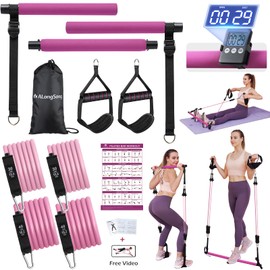 ALongSong Pilates Bar Kit with Resistance Bands, Portable Home Workout Equipment with Timer for Full Body Exercise Fitness Equipment Yoga Pilates Bar Kit for Men Women