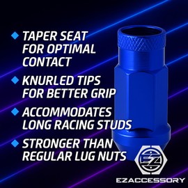 EZAccessory 14x1.5 Extended Tuner Lug Nuts 20 Pcs+Key Blue Racing Open End for Dodge Charger 05-25 Dodge Challenger 08-24 Chevy Camaro 10-25 Ford Mustang 15-25