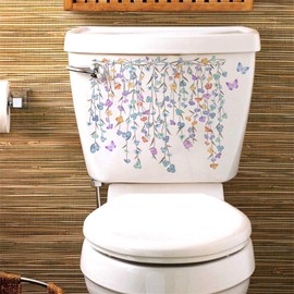 Colourful Butterfly Flowers Toilet Stickers Wildflowers Vine Toilet Seat Lid Cover Decals Fashion Irises Bathroom Wall Sticker Peel and Stick Removable Waterproof WC Restroom Toilet Cover Decor Art