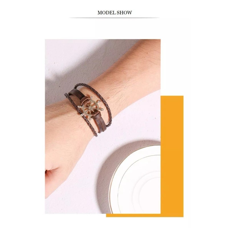 Jextech Pulsera De Timón De Acero Cuerda Cuero Genuino Vintage