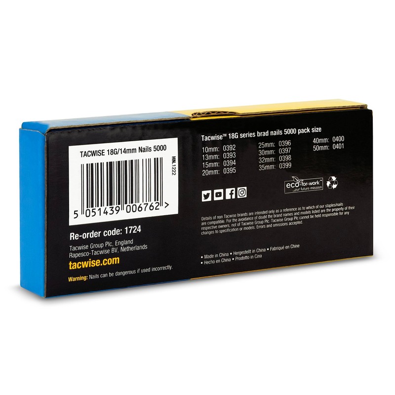 TACWISE 1724 Type 18G / 14 mm Galvanised Brad Nails,