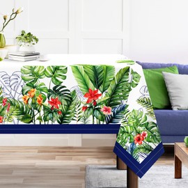 Arquiel Tropical Palm Leaf Tablecloth Waterproof, Summer Floral Bordered Rectangle Table Cloth, Washable Table Cover For Kitchen Dining Party Decor(140×180cm)