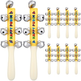 Gemscream 10 Pcs Happy Purim Wood Grangers with Bells Colorful Purim Toys Happy Purim Bags Fillers Jewish Holiday Rattle Musical Instruments for Kids Noisemakers Party Fun Gifts