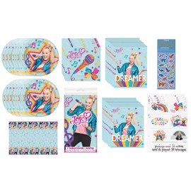 Unique Jojo Siwa Birthday Party Supplies Decoration Bundle Pack includes Lunch Plates, Napkins, Table Cover, Party Favor Loot Bags, Tattoos, Dinosaur Stickers (Bundle for 16)