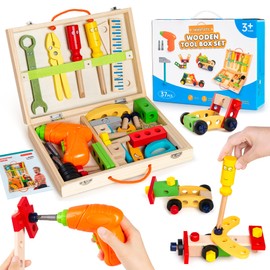 Innotoys Kids Tool Set with Electric Drill, 37 Pcs Wooden Toddler Tools Kit with Tool Box, Montessori STEM Learning Educational Construction Toys Gifts for 2 3 4 5 6 Year Old Boys Girls