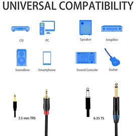 JOMLEY 3.5mm Jack to 6.35mm Jack Stereo Cable, 6.35mm (1/4") TS to 3.5mm (1/4") TRS Stereo Cable, 3.5mm TRS Stereo to 1/4" TS Mono Interconnect Adapter Cable - 2 Meters