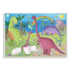 Stupell Industries Happy Dinosaurs Playing by Rainbow Illustration, Designed by Carla Daly Wall Plaque, 10 x 15, Green