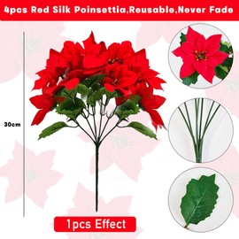 Dimetey Christmas Artificial Poinsettia Flowers,4Pcs,Each 7 Heads,30cm Long