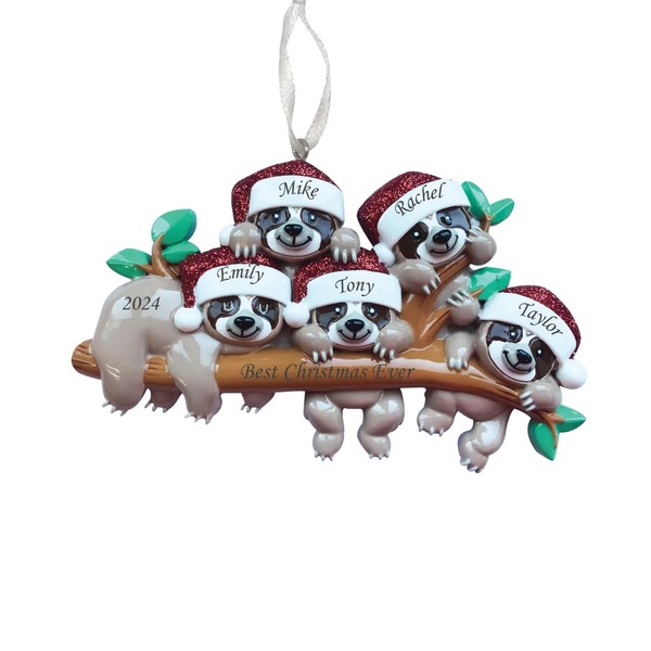 2024 Personalized Ornament Sloth Family of 5 Christmas Tree Ornament
