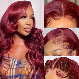 sterly 30 Inch 13X6 Body wave Wig 99j Burgundy Lace Front Wigs Human Hair 250% Density Human Hair Pre Plucked Glueless Red Wig Lace Front Wigs for Women