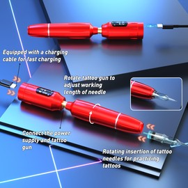 Eyebrow Microblading Tattoo Gun Kit - Professional Tattoo Pen & Brow Pencil Set for Microblading Supply, Semi-Permanent Makeup Tattoo Machine with 50Pcs Needles, for Artists Starter (Red, TP29)