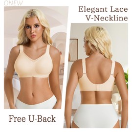ONEW Bras for Women Full Support Wireless Fras Push Up Bralette Comfort Brassiere V Neck Full Coverage,Beige,Small