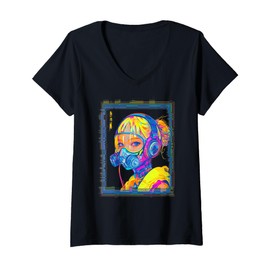 Womens Cyberpunk Gas Mask Girl Techwear V-Neck T-Shirt