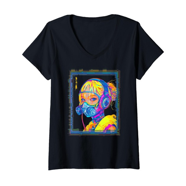 Womens Cyberpunk Gas Mask Girl Techwear V-Neck T-Shirt