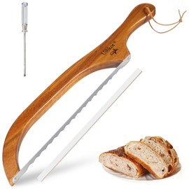 Uibkor Wooden Bread Bow Knife, 16" Serrated Sourdough Cutter, Premium Stainless Steel Serrated Saw Bread Cutter, Bagel Slicer Knife for Homemade Bread, Bagels, Baguettes and More, Sourdough knife