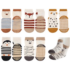 Hopton 5 Pairs of Stopper Socks Children, Cotton Baby Socks, Animal Motifs, Non-Slip Socks Child, Crawling Socks Baby from 1-3-5 Years for Girls Boys, Patterned animal, 3 - 5 years