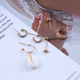 Yheakne Boho Layered Circle Cuff Earrings Gold Shell Dangle Earrings Vintage Cz Evil Eye Stud Earrings Rhinestone Multi Ring Helix Earrings Multiple Piercing Earrings Set Jewelry for Women and Girls