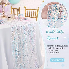 QueenDream Camino de Mesa Blanco de 25 x 120 Pulgadas de Largo con Lentejuelas iridiscentes de 10 pies, Tela con Purpurina para Fiestas, Bohemia, Bodas, Decoraciones de cumpleaños