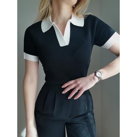Ivicoer Cute Tops for Women Business Casual V Neck Lapel Short Sleeve Shirts Basic Tee Ribbed Knit Work Tops Black, XL