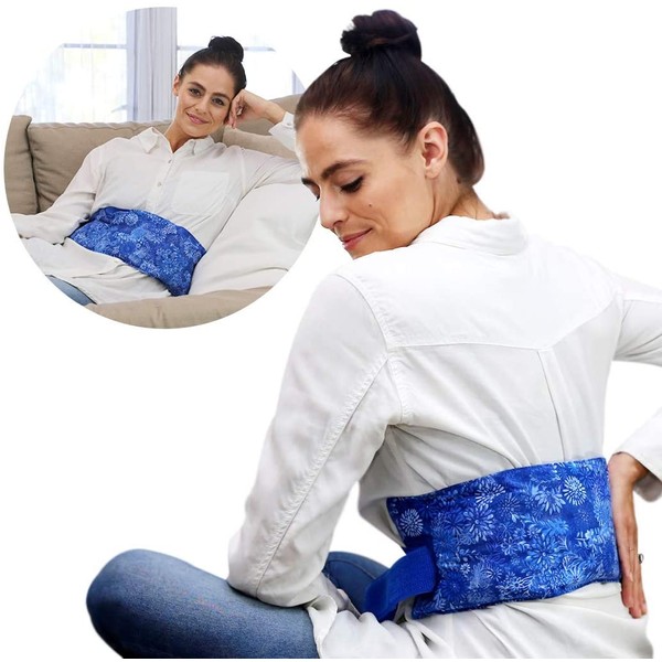 Hot Pockets Back Heating Pad for Lower Back Pain Relief - Washable and Microwavable Heat Wrap with Secure to Body Strap – American Brand Natural Hot & Cold Therapy Packs (Blue Flowers)