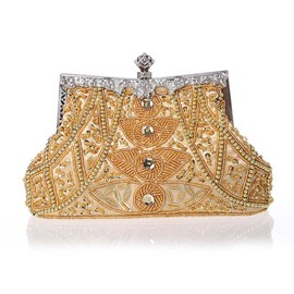 HONGCI Glitter Fashion Beaded Sequin Pearl Clutch Bag for Women - Vintage Beaded Evening Bag, Bridal Bag, Clutch Handbag for Wedding, Party, Prom (Gold)