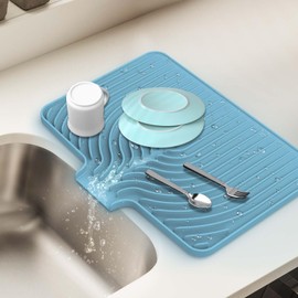 JACZZO Silicone Dish Drying Mat for Kitchen Counter with Built-in Drain, Easy Clean Pad for Countertop Protection, Fast Self-Draining Slope, Non-Slip, Multiple Use 17.7 x 11.8 Inch ( Light Blue)