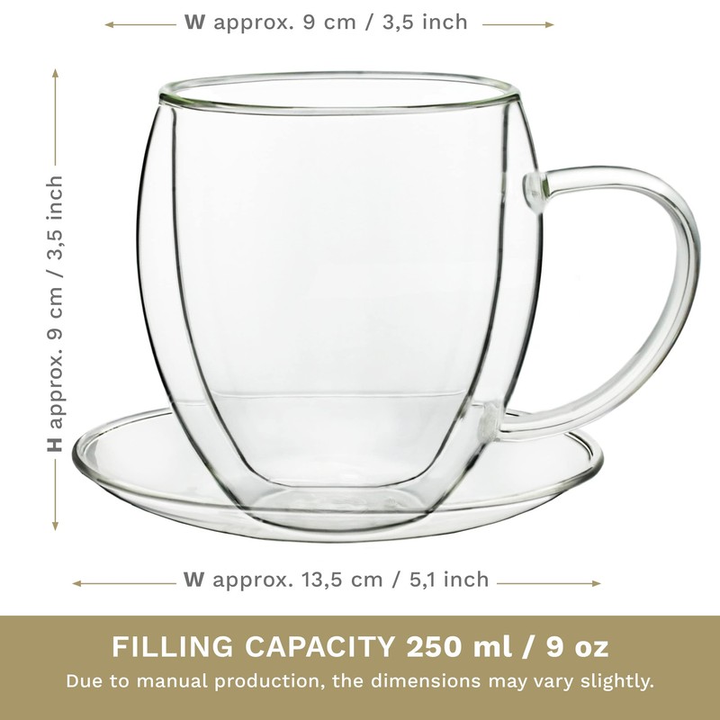 Creano Double Walled Coffee Glasses with Handle & Saucer 250ml