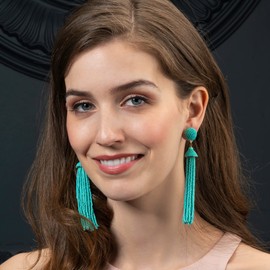 Zavana Long Tassel Earrings for Women, Turquoise Earrings for Women, Long Dangle Earrings for Women with Turquoise Blue Beads, Handmade Boho Chic Drop Earrings, Costume Jewellery for Women