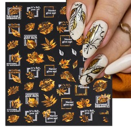 IDDFEVE Fall Nail Art Stickers, Thanksgiving Day Golden White Nail Decals, 3D Autumn Self-Adhesive Maple for DIY Nail Supplies Decoration (9 Sheets)