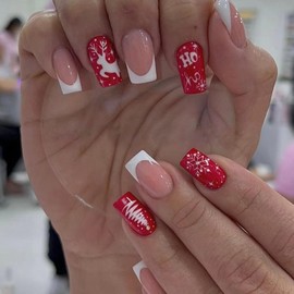 Christmas Press on Nails Square Medium Fake Nails with Elk Snowflake Designs White French Tip Nails Press ons Glossy Glue on Nails Christmas Tree False Nails Red Stick on Nails for Women 24Pcs