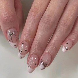 AkiliBIELY Almond Press on Nails Medium White Gold Bare Bow Heart French Tip Fake Nails Women Glue on Nails Acrylic Gel Stick on Nails Cute Classy Fantasy False Nails Wedding Birthday