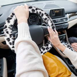 Accmor Fuzzy Car Steering Wheel Cover, Universal Fit Fur Auto Wheel Cover & Handbrake Cover & Gear Shift Cover Set, Leopard Winter Warm Fluffy Vehicle Wheel Protector Car Accessories for Men Women