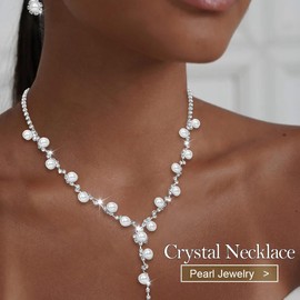 Yikisdy Silver Rhinetsone Necklace Jewelry Pearl Bride Wedding Jewelry Sets Prom Necklace and Earring Set for Women