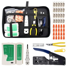 RJ45 Crimping Tool, Network Tool Set with 20 x RJ45 Connector Cat7/Cat6a Pass Through, Network Tester, LSA Insertion Tool, Wire Stripper, Professional RJ45/RJ11/RJ12 Repair Tools, Fabric Bag