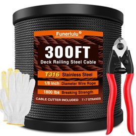 Funerlulu 1/8" Stainless Steel Cable 300FT Marine Grade Cable for Deck Railing System T316 Wire Rope Black Fence Wire with Cable Cutter 7X7 Strands