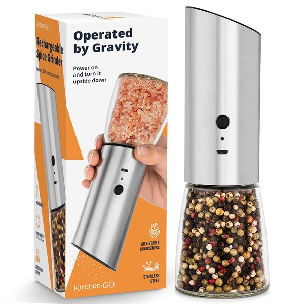 Rechargeable Electric Pepper Grinder, Automatic Gravity Salt Mill with Adjustable