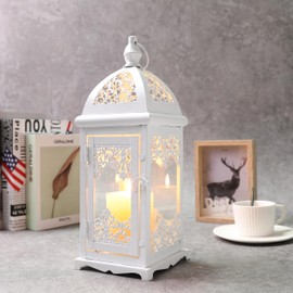 JHY DESIGN Christmas Decorative Candle Lantern 15''High Metal Candle Lanterns Vintage Style Hanging Lantern Decorations with Glass for Indoor Outdoor Events Parities Weddings(White Color)