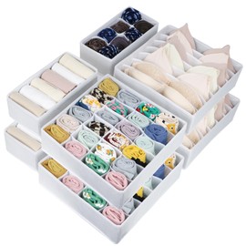 8 Packs Underwear Drawer Organizer Clothes, Foldable Bra Drawer Organizer Bins, 90 Cells Fabric Clothes Organizer Drawer Dividers for Socks, Ties, Bras, Baby Clothes, Nursery, Clothing (White)