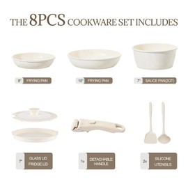 Ceramic Cookware Set Non Stick 8Pcs Pots and Pans Set Detachable Handle Induction Kitchen Cooking Set with Frying Pans Oven Dishwasher Safe, PFAS/PFOA Free, Cream White