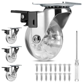 JIZZU 2Inch/5cm Polyurethane Caster Wheels Clear, Casters Set of 4 Total Capacity 160KG with 360 Degree Top Plate, Heavy Duty Casters with Brake No Noise, PU Swivel Trolley Wheels for Furniture