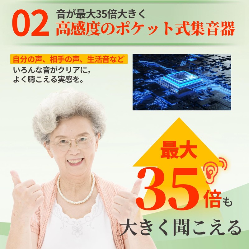 集音器 超高感度集音器 ポケット型 簡単操作 高齢者向け 16段音量調節 両耳用 大きなボタン 持ち運び イヤホン
