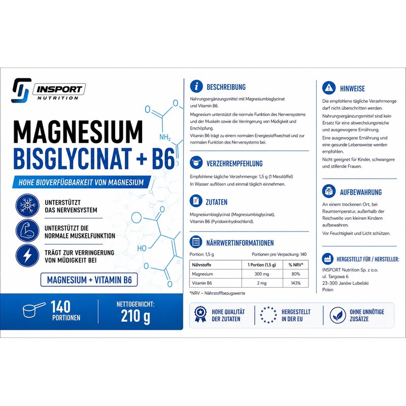 Magnesium Glycinate Powder 1500 mg with Vitamin B6, Magnesium Bisglycinate