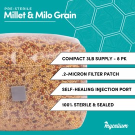 Mycelium Mushroom Grain Spawn 8-Pack (3 lb Each) | Pre-Sterilized 60/40 Blend Millet/Milo Grain Mushroom Substrate with Self-Healing Injection Ports | Ready-to-Use for High-Yield Cultivation
