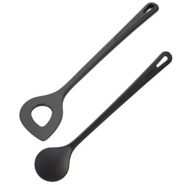 Westmark Gentle-Plus 288722E9 Pointed Hole Spoon + Stirring/Cooking Spoon Set of 2, High Heat Resistant up to 270 °C, Plastic, Black