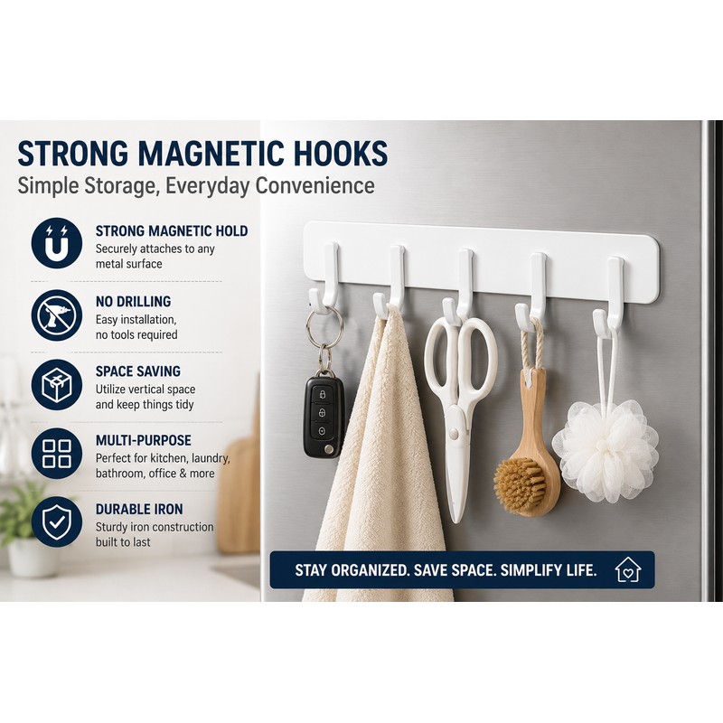 Magnetic Refrigerator Hook Rack with 5 Hanging Hooks, No-Drill Heavy