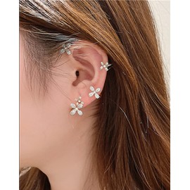 Akeoqi Zircon Clover Ear Cuff Earrings No Piercing Ear Clip Wrap Crawler Climber Earrings Inlaid Rhinestone Ear Clip Wrap Around Earrings for Women Silver Tone