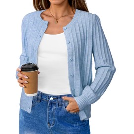 Arach&Cloz 2025 Fall Womens Fashion Cardigan Sweaters Cable Knit Puff Long Sleeves Crew Neck Button Down Cashmere Chunky Open Front Clothes Casual Cute Soft Wool Blend Warm Winter Outfit Blue L