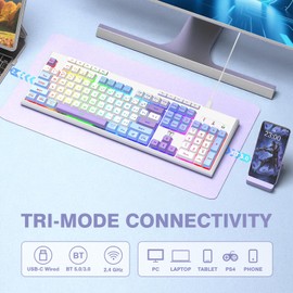 RisoPhy Wireless Gaming Keyboard, Tri-Mode BT5.0/2.4GHz/USB-C, RGB Backlit Keyboards, Customizable Keys, 26 Anti-ghosting Keys, Ergonomic Design, Light up Computer Keyboard for PC/MAC/Tablet Gamer