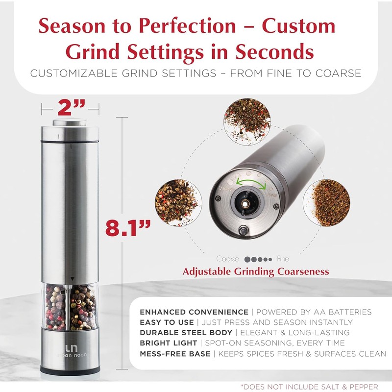 Electric Salt and Pepper Grinder - Battery Operated Stainless Steel
