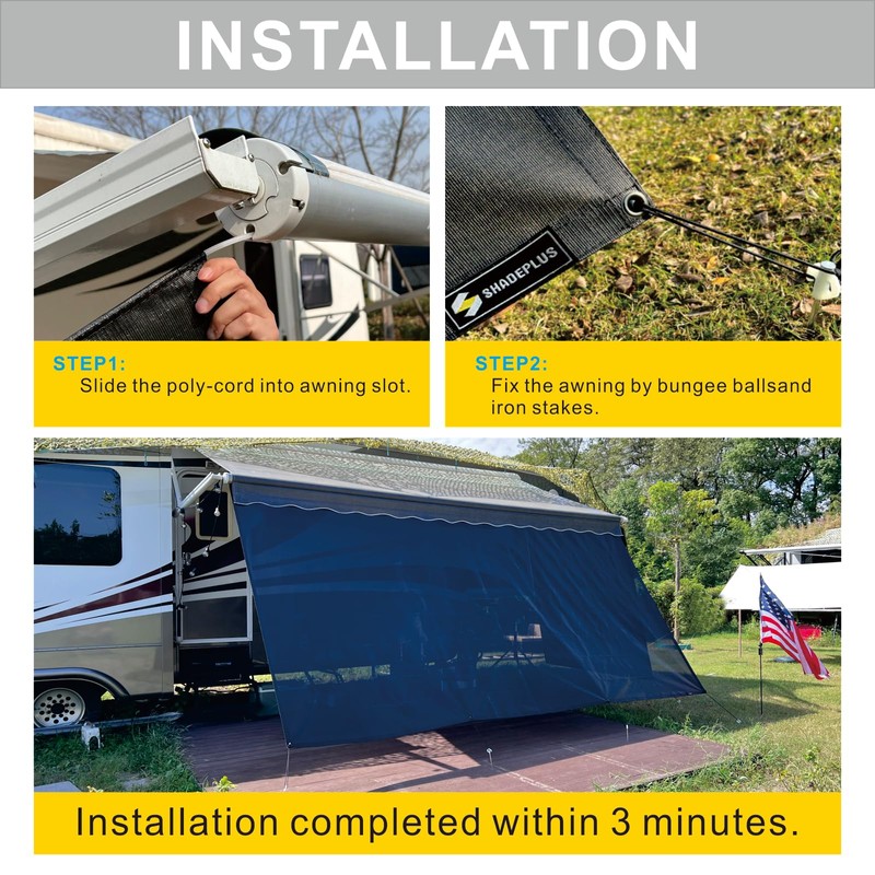 SHADEPLUS RV Awning Shade Screen Without Zipper 8'x10'3'',Black Mesh RV